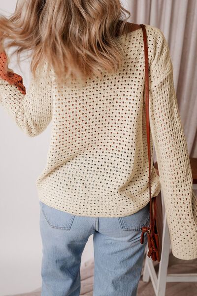 women's color block openwork knit sweater long sleeve casual top