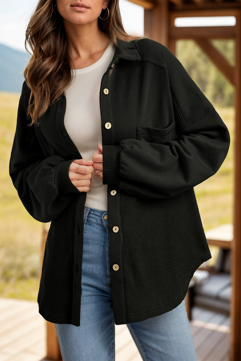 Waffle-Knit Collared Neck Long Sleeve Shacket Trandify Deal