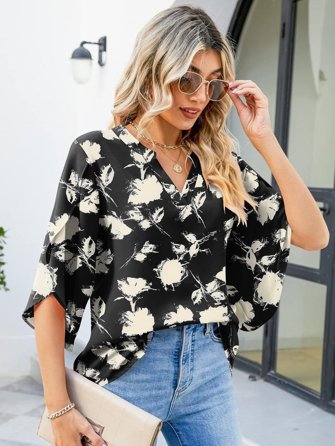 Printed Notched Half Sleeve Blouse Trandify Deal