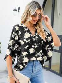 Printed Notched Half Sleeve Blouse Trandify Deal