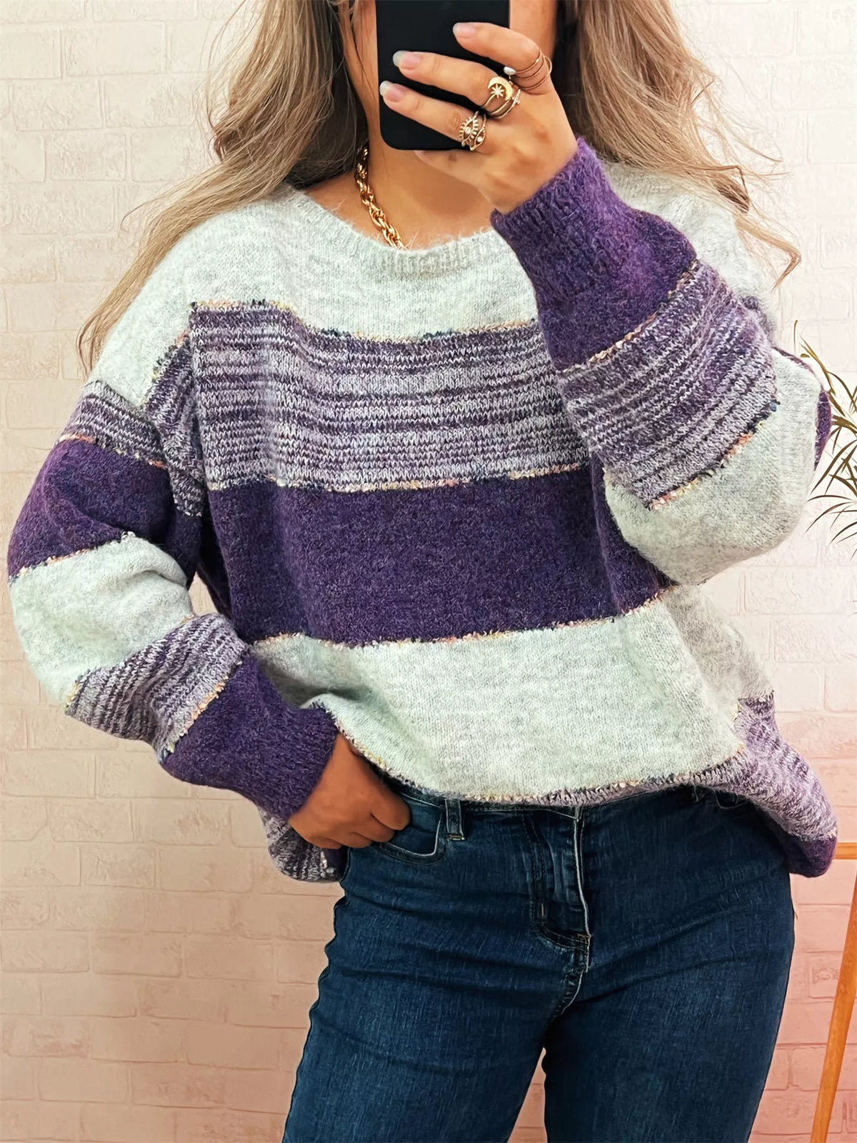 Women's Color Block Sweater | Casual Dropped Shoulder Pullover
