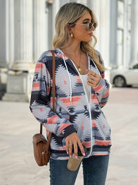 Geometric Zip Up Long Sleeve Hooded Jacket Trandify Deal