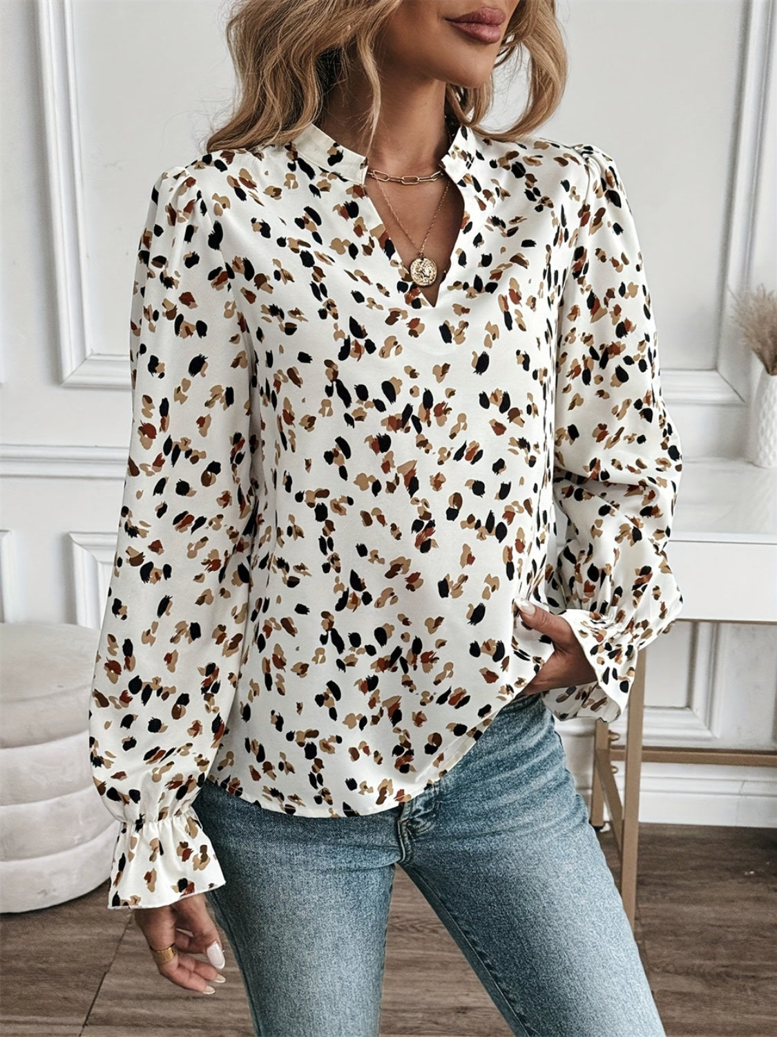 Printed Notched Flounce Sleeve Blouse Trandify Deal