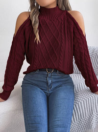 Women's Cold Shoulder Sweater | Cable Knit Turtleneck