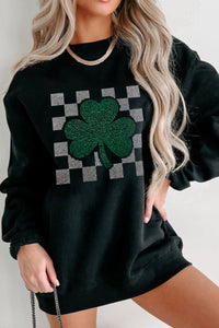 Rhinestone Checkered Lucky Clover Round Neck Sweatshirt Trandify Deal