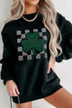 Rhinestone Checkered Lucky Clover Round Neck Sweatshirt Trandify Deal