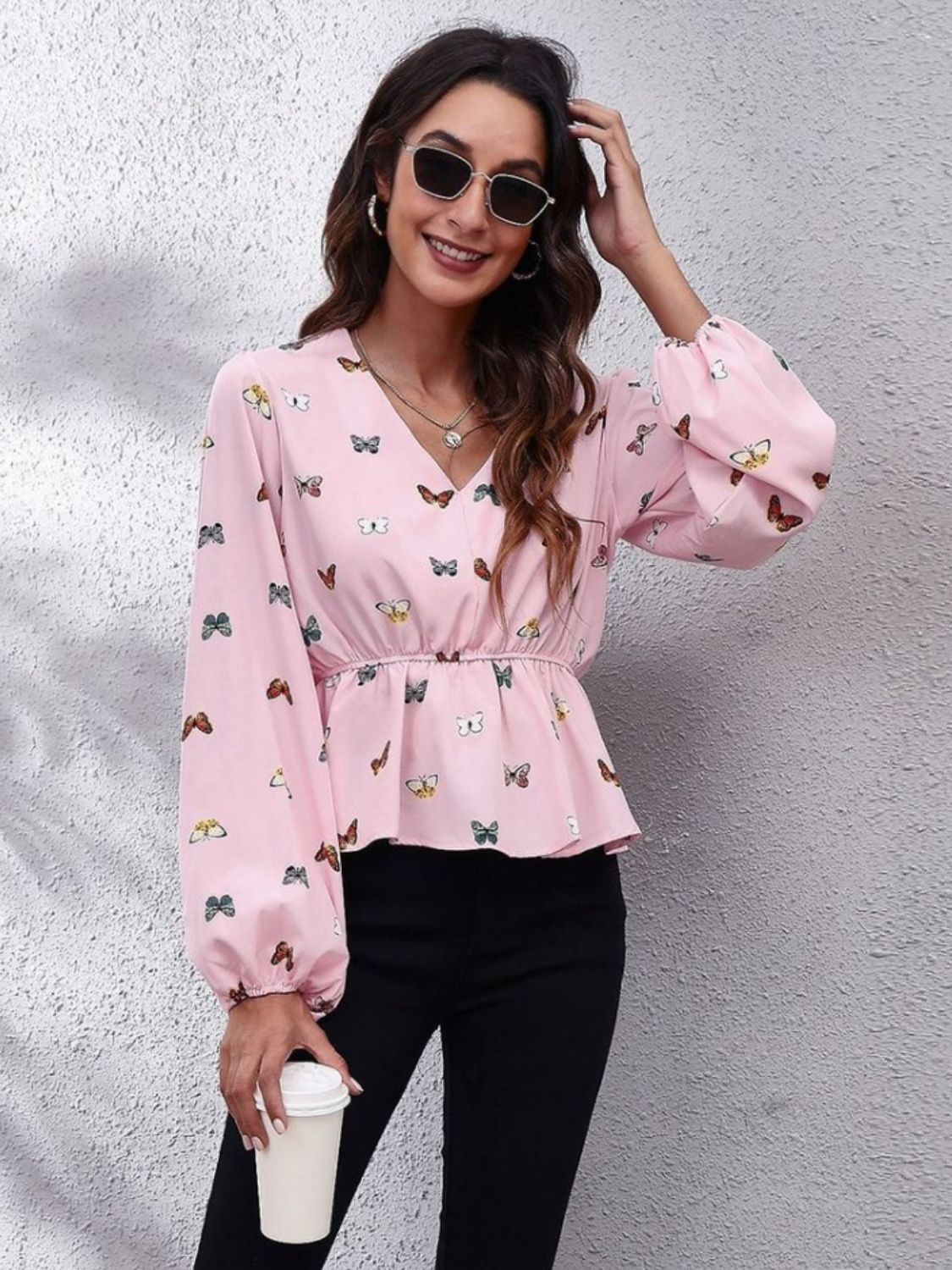 Printed V-Neck Long Sleeve Blouse Trandify Deal