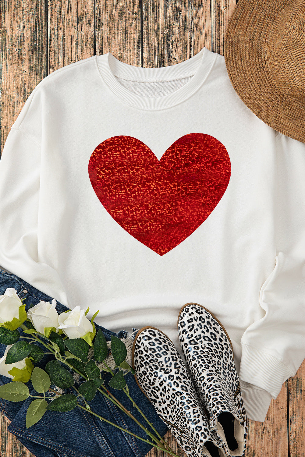 Valentine’s Day Heart Round Neck Long Sleeve Sweatshirt Trandify Deal