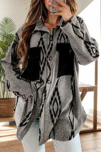 Pocketed Geometric Collared Neck Button Down Shacket for Women - TrandifyDeal