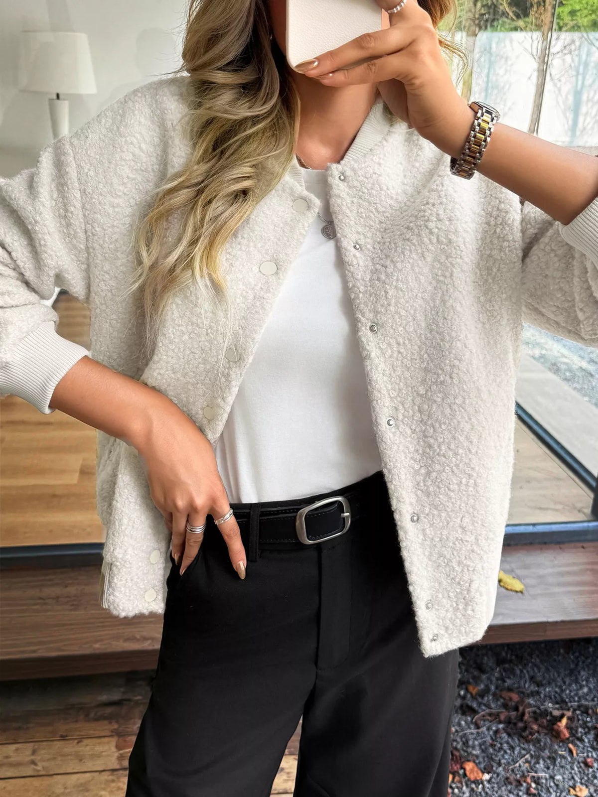 Women's Thick Buttoned Dropped Shoulder Jacket in oversized fit,