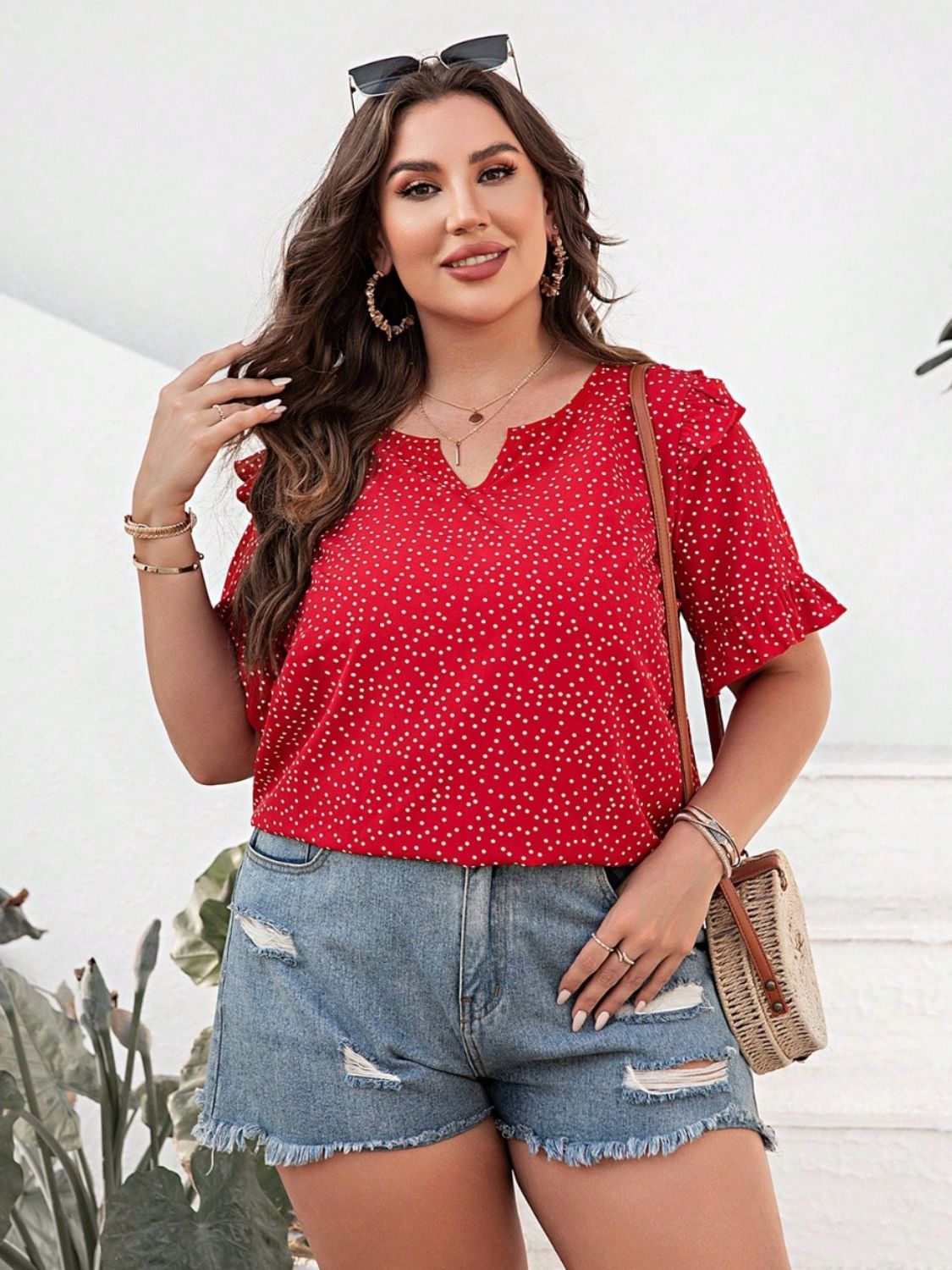 Plus Size Polka Dot Notched Flounce Sleeve Blouse Trendsi