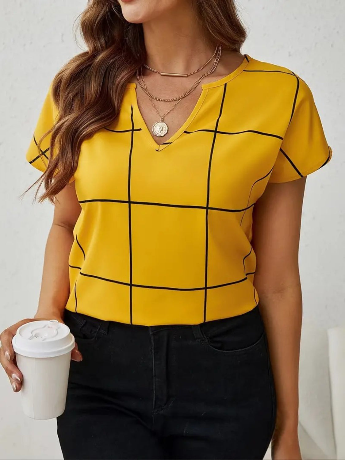 Women’s Plaid Contrast Notched Blouse – Trendy Fall Office & Casual Top