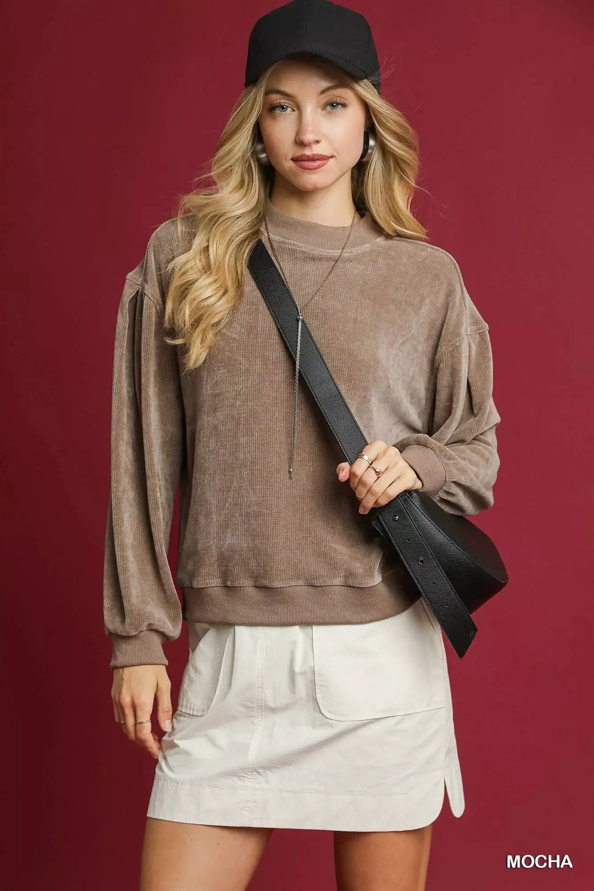 Women's plush velour oversized sweatshirt with large balloon sleeves, shown in Mocha