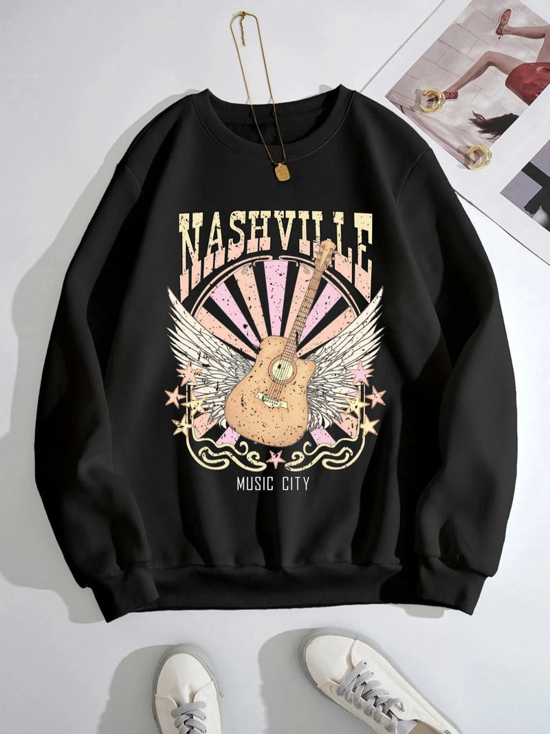 Women’s Graphic Print Long Sleeve Sweatshirt – Round Neck Casual Pullover for Fashionable Outfits