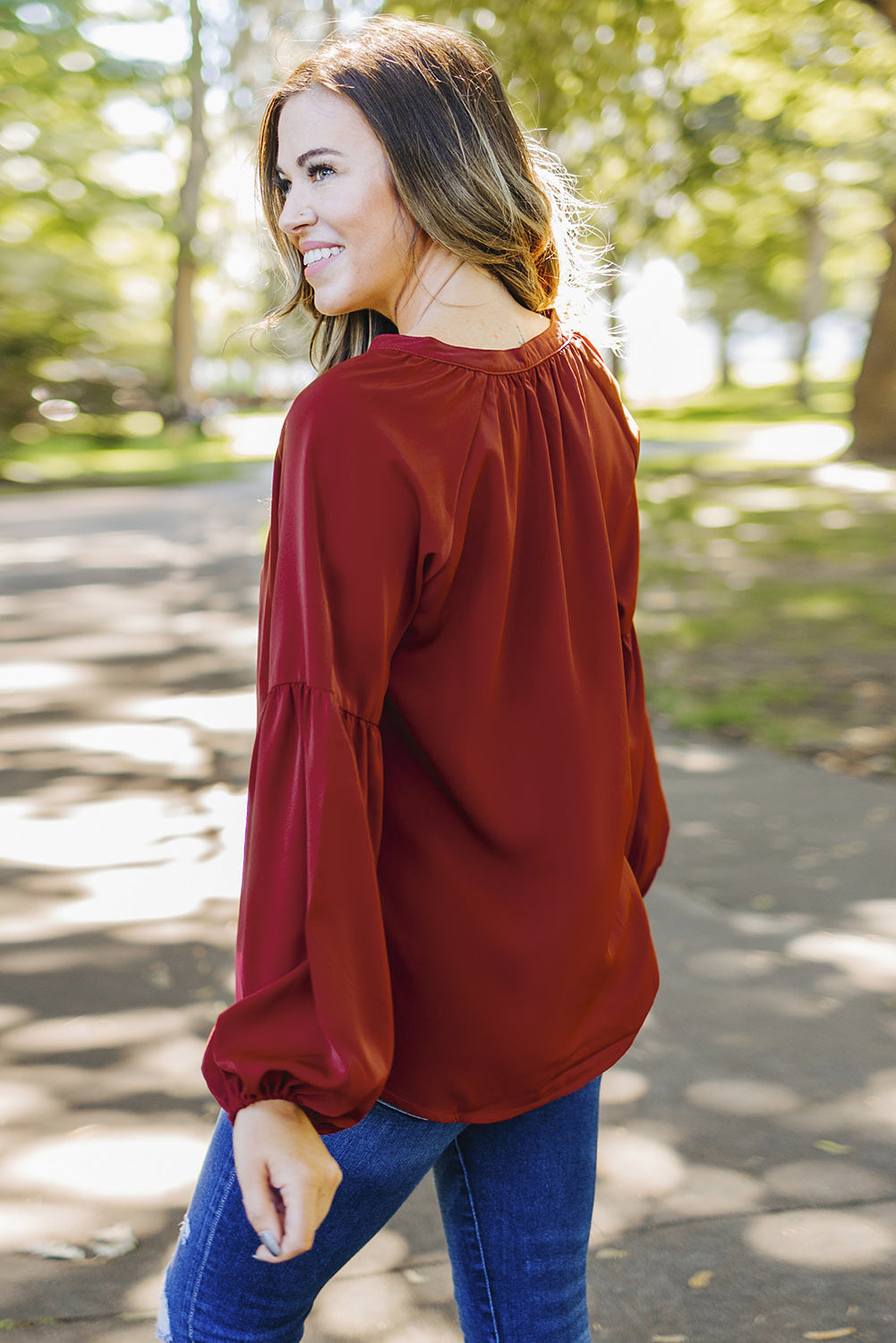 Ruched Notched Balloon Sleeve Blouse Trandify deal