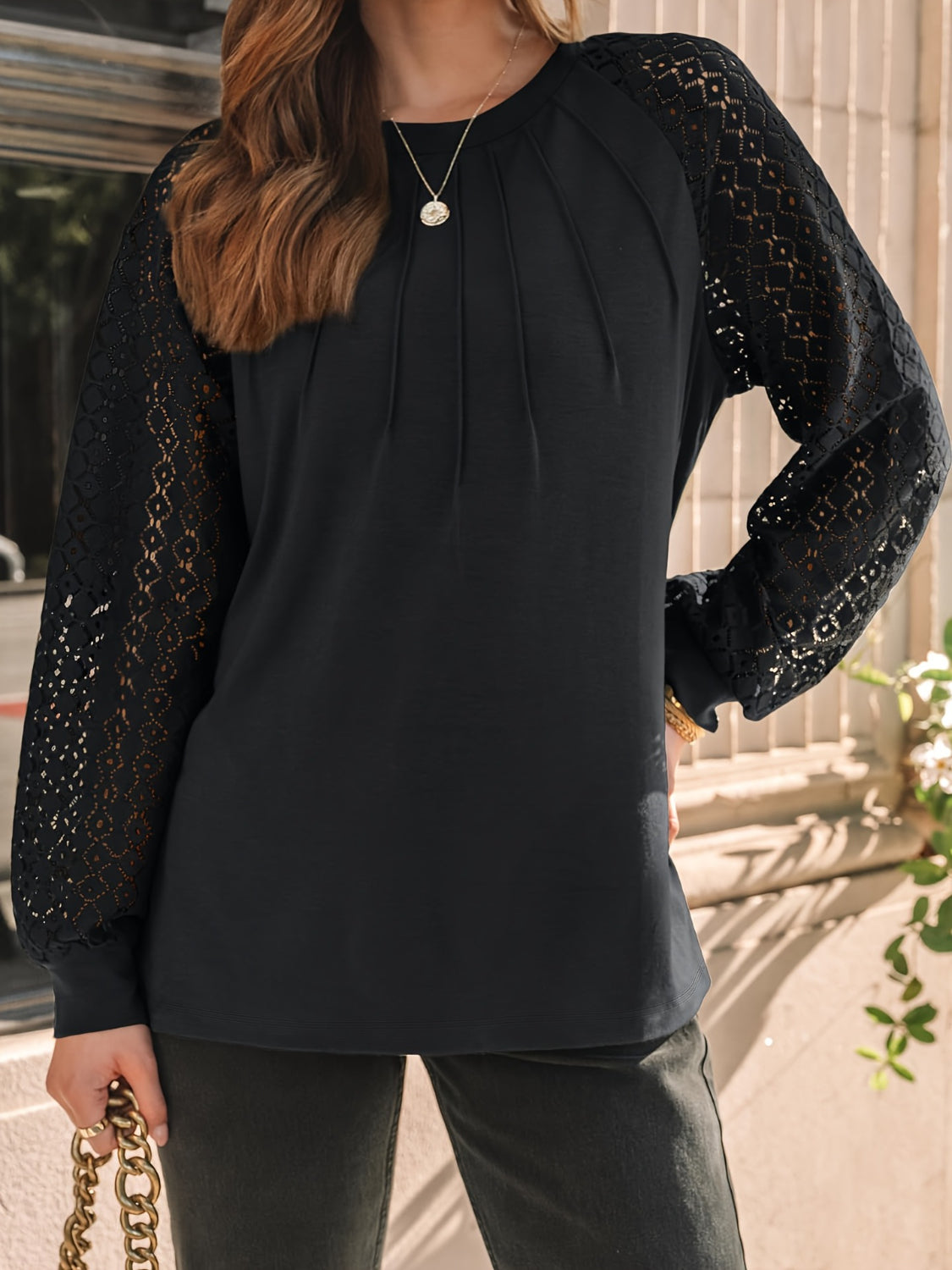 Women’s Black Eyelet Embroidered Blouse with Round Neck and Long Sleeves – Boho Lace Top for Casual Wear