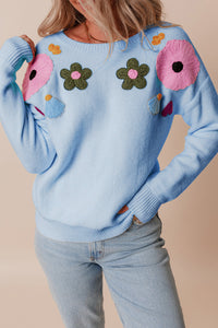 Crochet Flower Round Neck Dropped Shoulder Sweater Trandify Deal