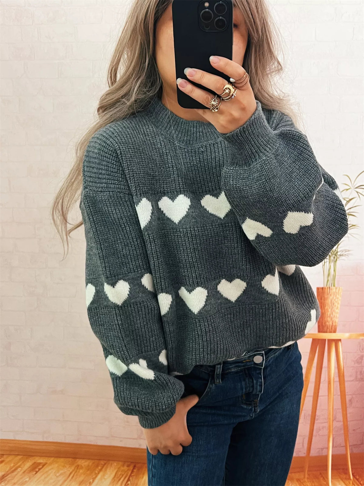 Women's Heart Pattern Sweater - Cute Dropped Shoulder Pullover