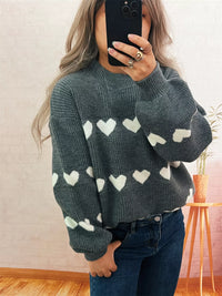 Women's Heart Pattern Sweater - Cute Dropped Shoulder Pullover
