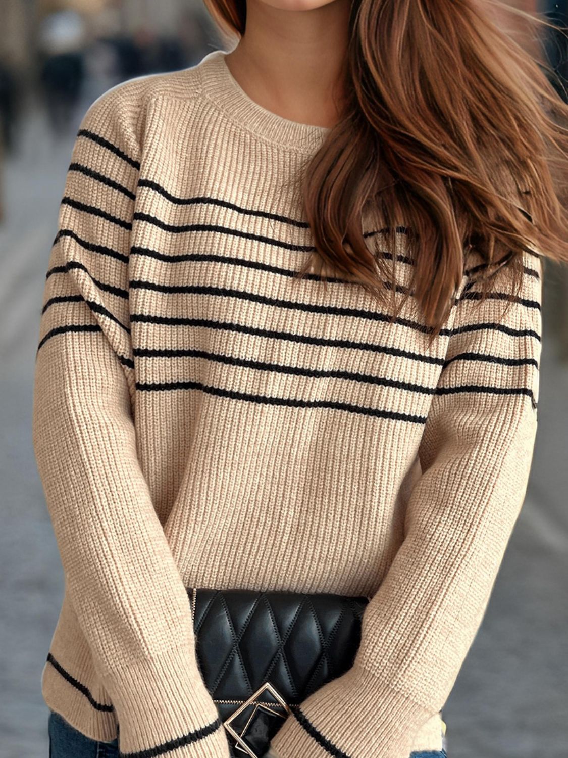 Striped Round Neck Long Sleeve Sweater Trandify Deal