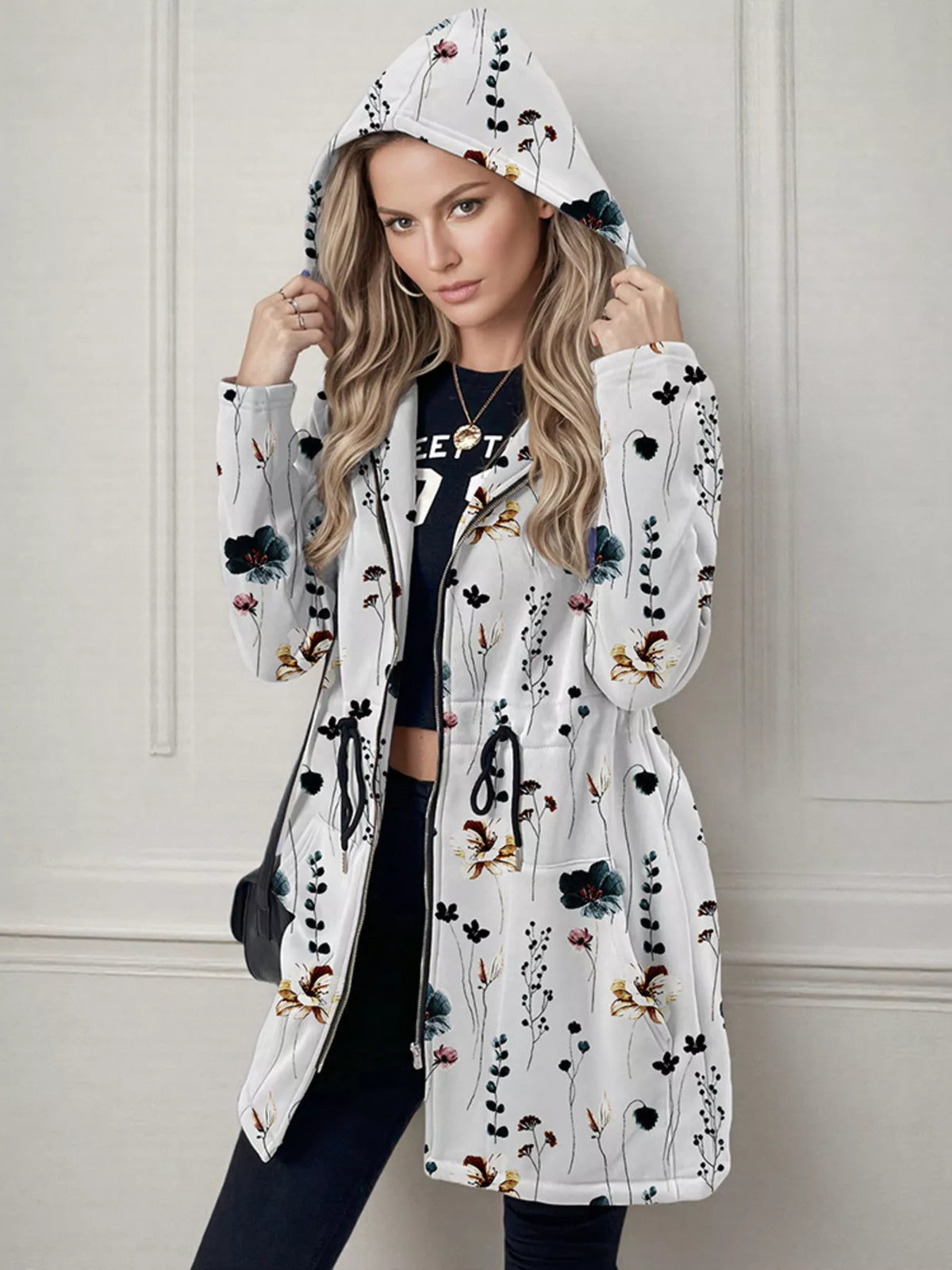 Women's lightweight zip up hoodie jacket in White with front pockets.