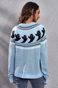 Ghost Pattern Round Neck Long Sleeve Sweater Trandify Deal