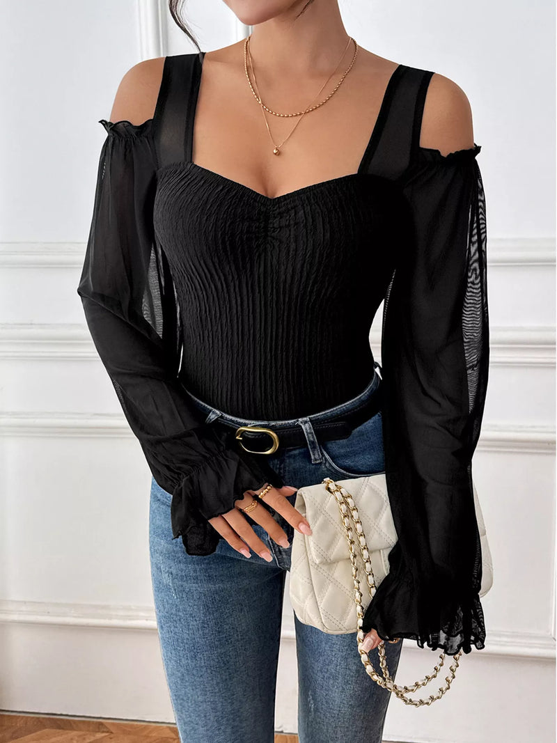 Sheer Cold Shoulder Bodysuit | Flounce Sleeve Top
