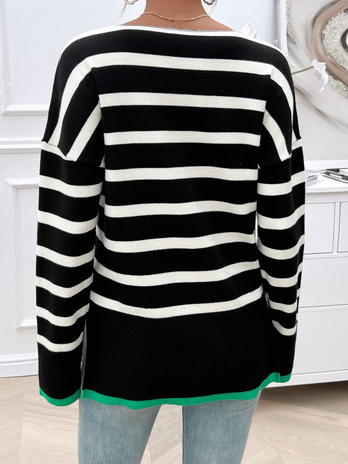 Devine Striped V-Neck Long Sleeve Knit Top Trandify Deal