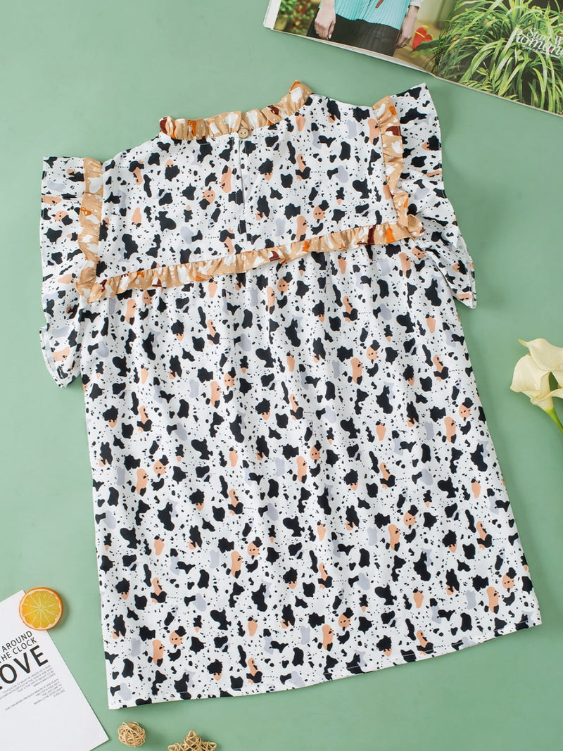 Ruffled Printed Mock Neck Cap Sleeve Blouse Trandify deal