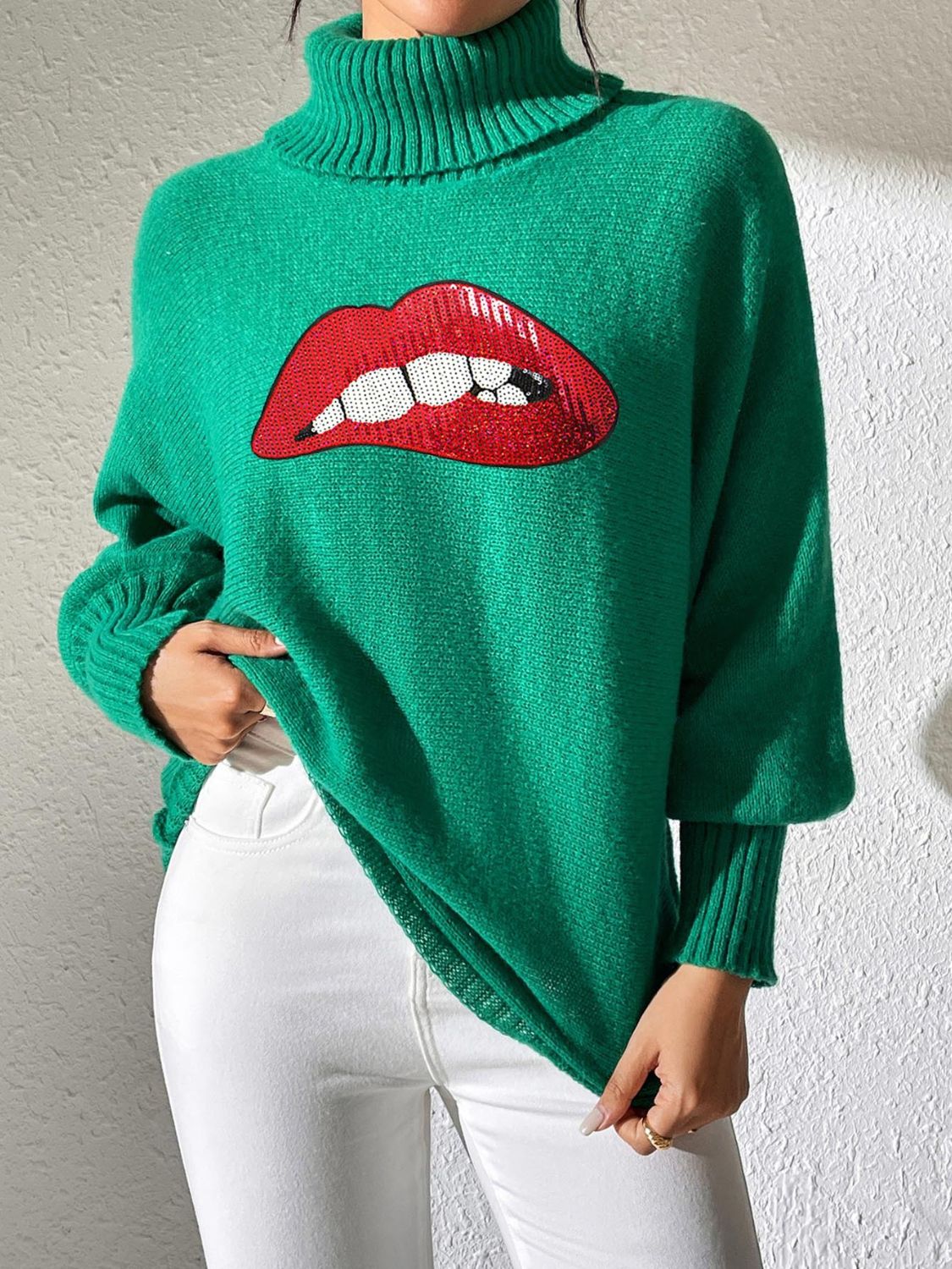Lip Turtleneck Long Sleeve Sweater Trandify Deal