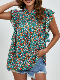 Ruffled Ditsy Floral Mock Neck Cap Sleeve Blouse Trandify deal