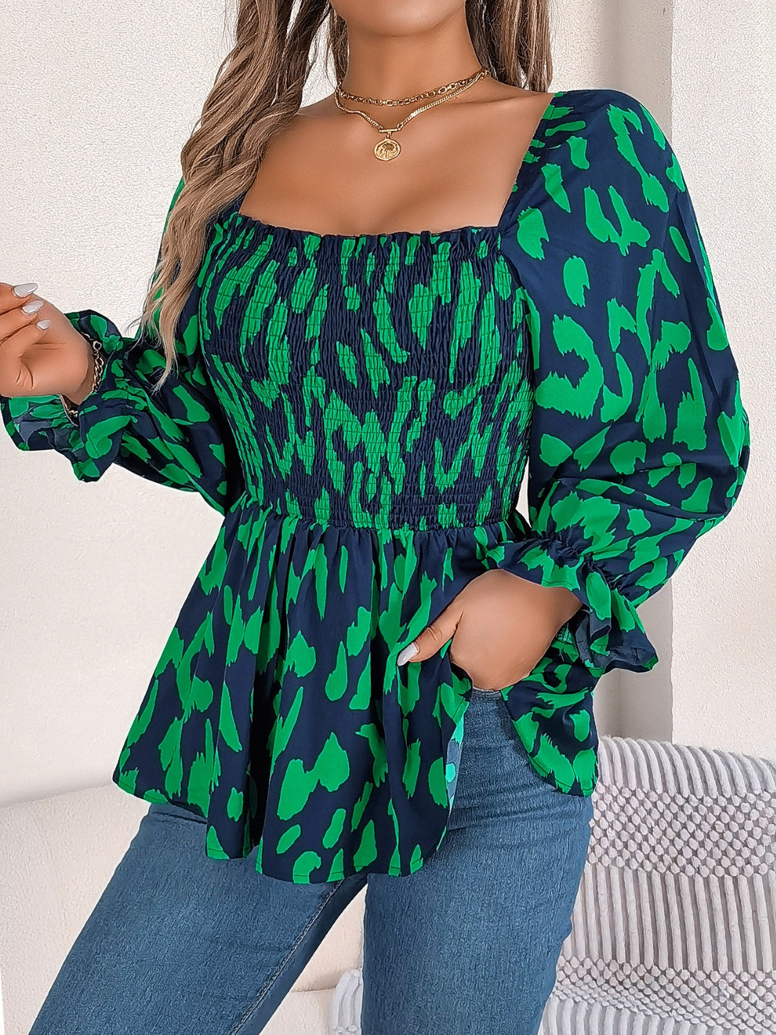 Square Neck Flounce Sleeve Blouse Trandify Deal