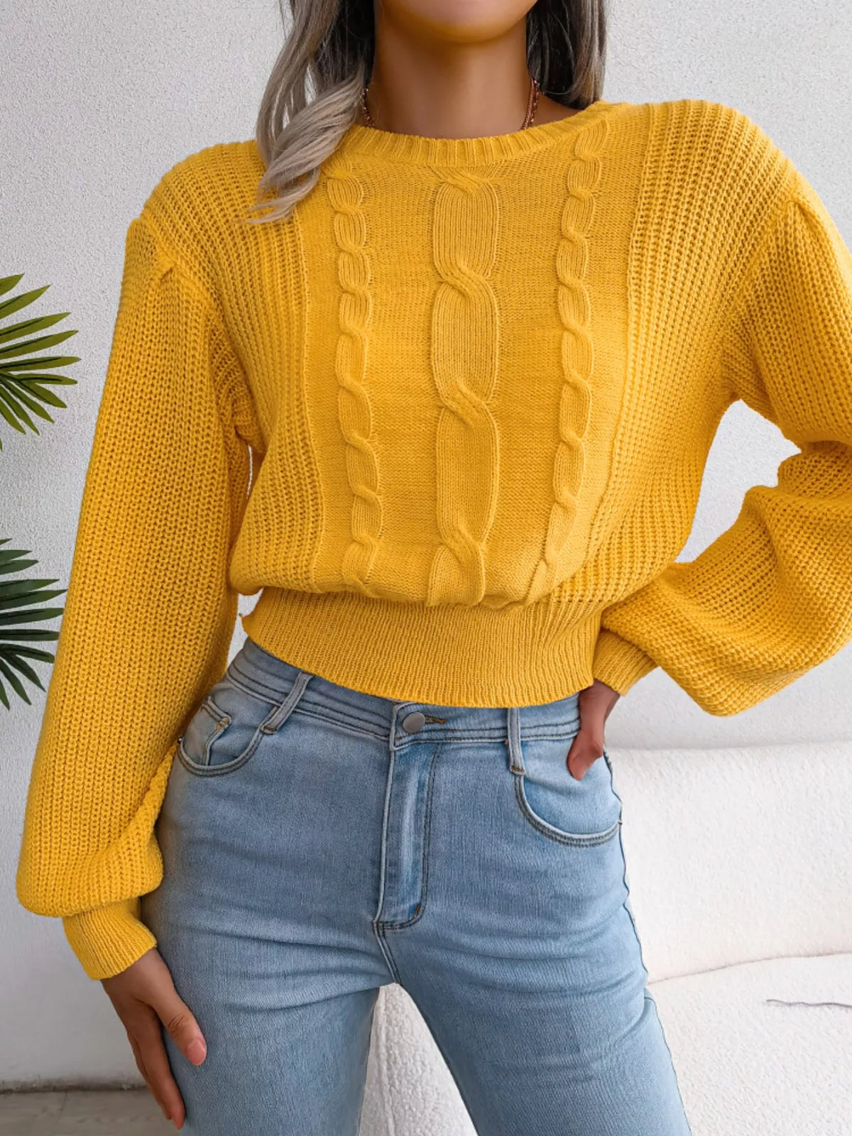 Women's Cropped Cable Knit Sweater | Crewneck Top