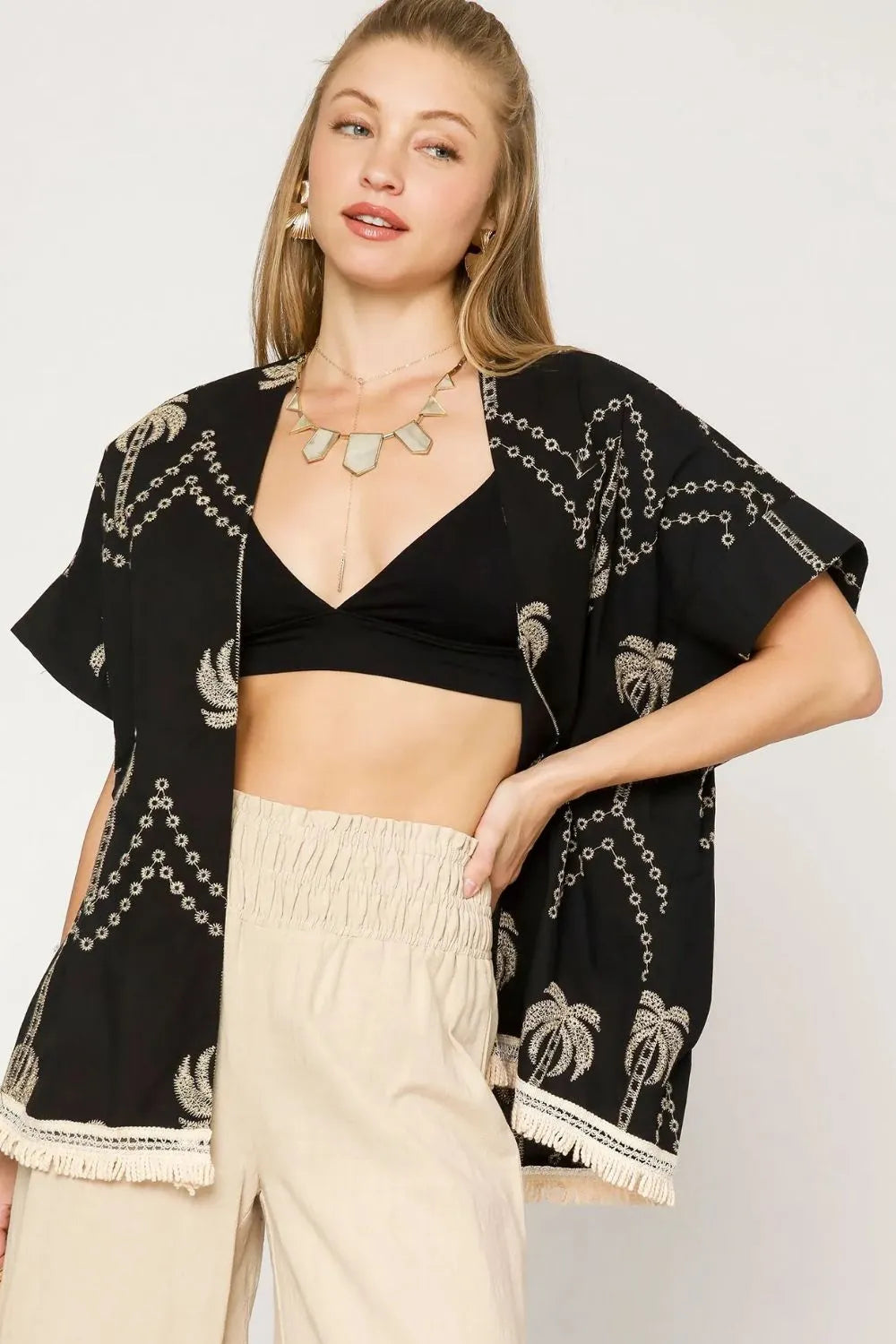 Boho embroidered fringe kimono for women – lightweight open front beach cover-up with lace trim