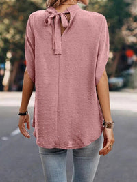 Swiss Dot Mock Neck Half Sleeve Blouse Trandify deal