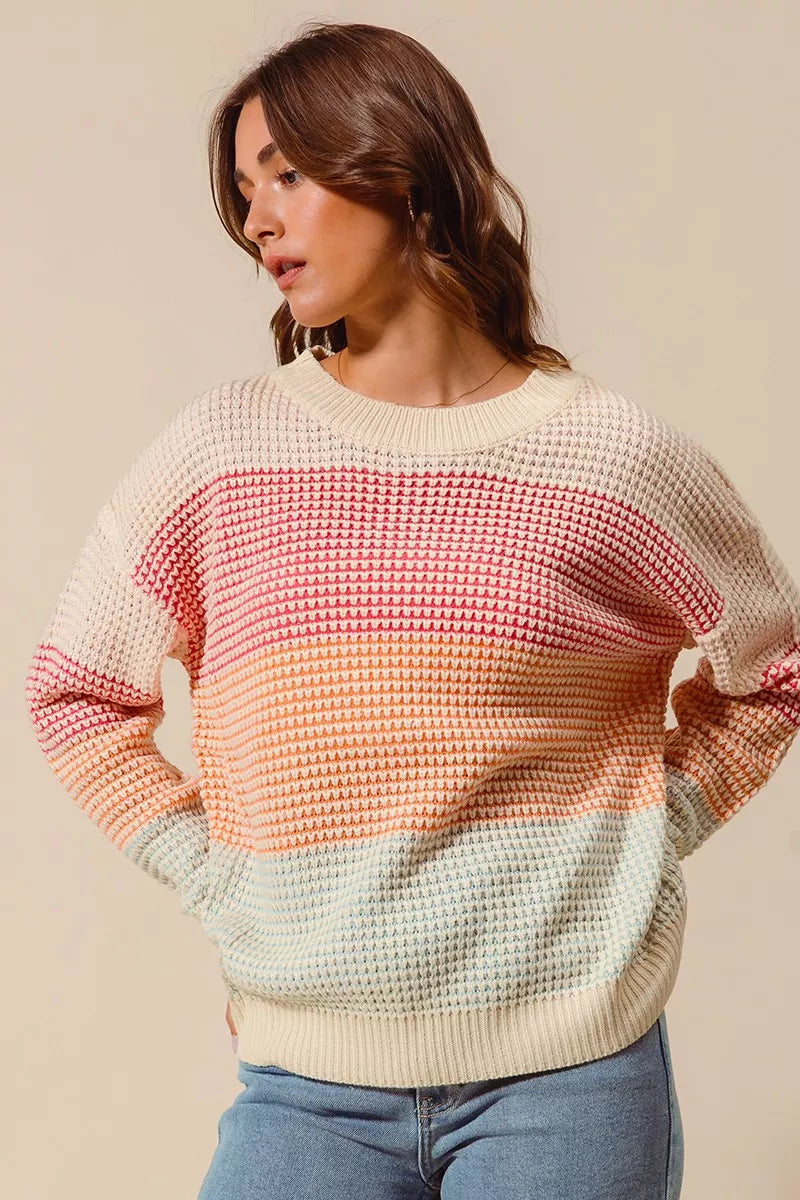 Color Block Waffle Knit Sweater - Women's Long Sleeve Top