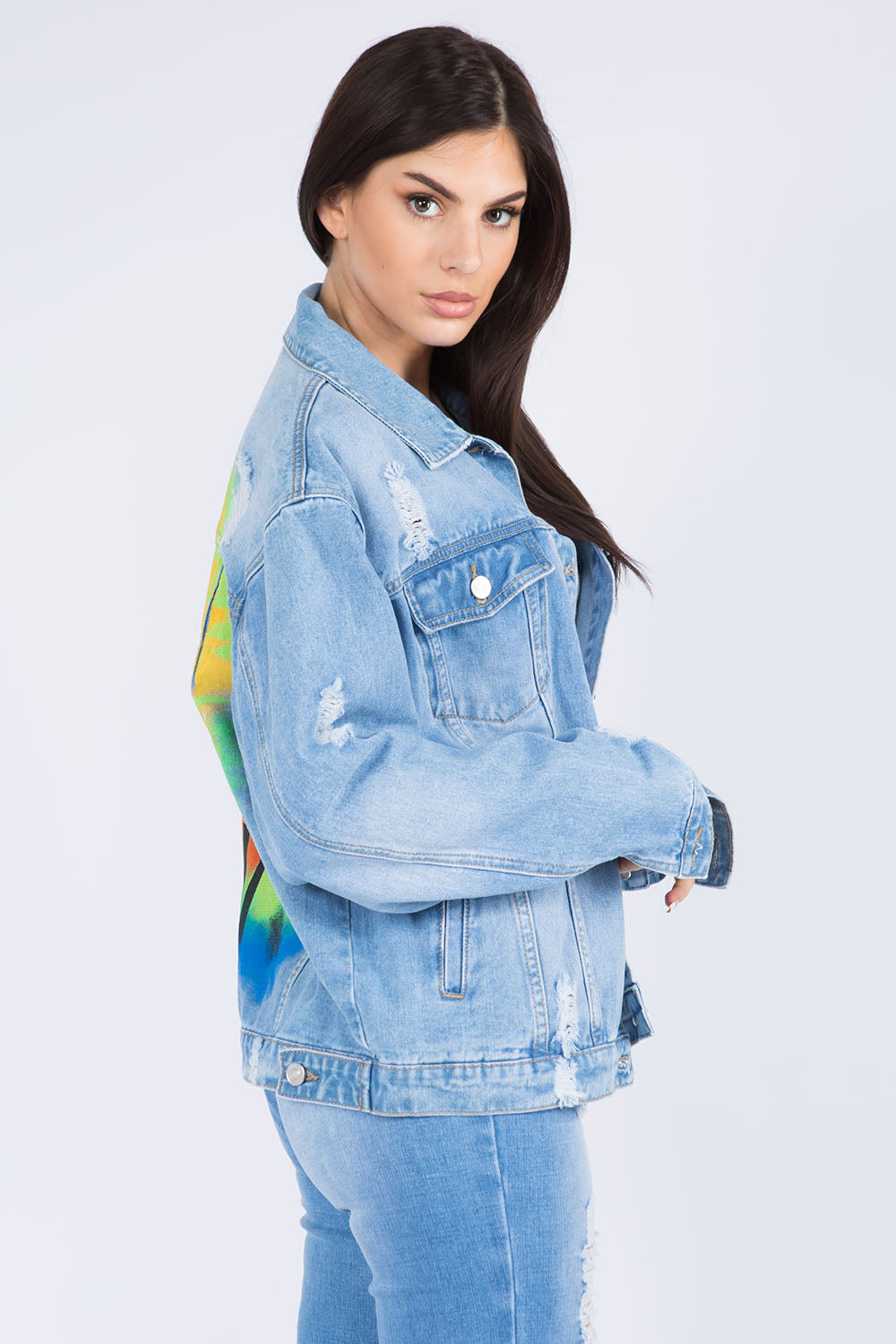 American Bazi Full Size Painted Back Distressed Denim Jacket Trandify Deal