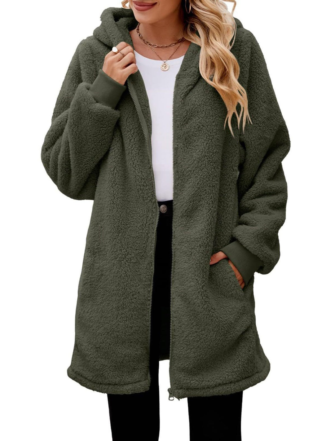 Fuzzy Pocketed Zip Up Long Sleeve Hooded Jacket Trandify Deal