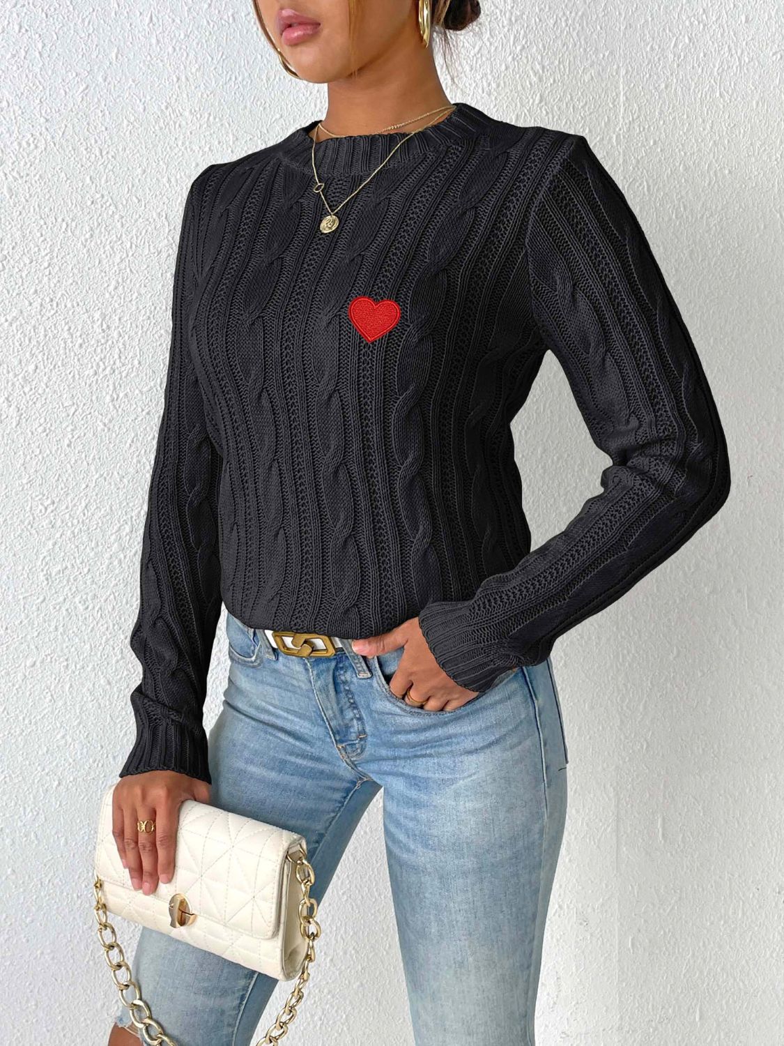 Cable-Knit Heart Round Neck Long Sleeve Sweater Trandify Deal