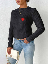 Cable-Knit Heart Round Neck Long Sleeve Sweater Trandify Deal
