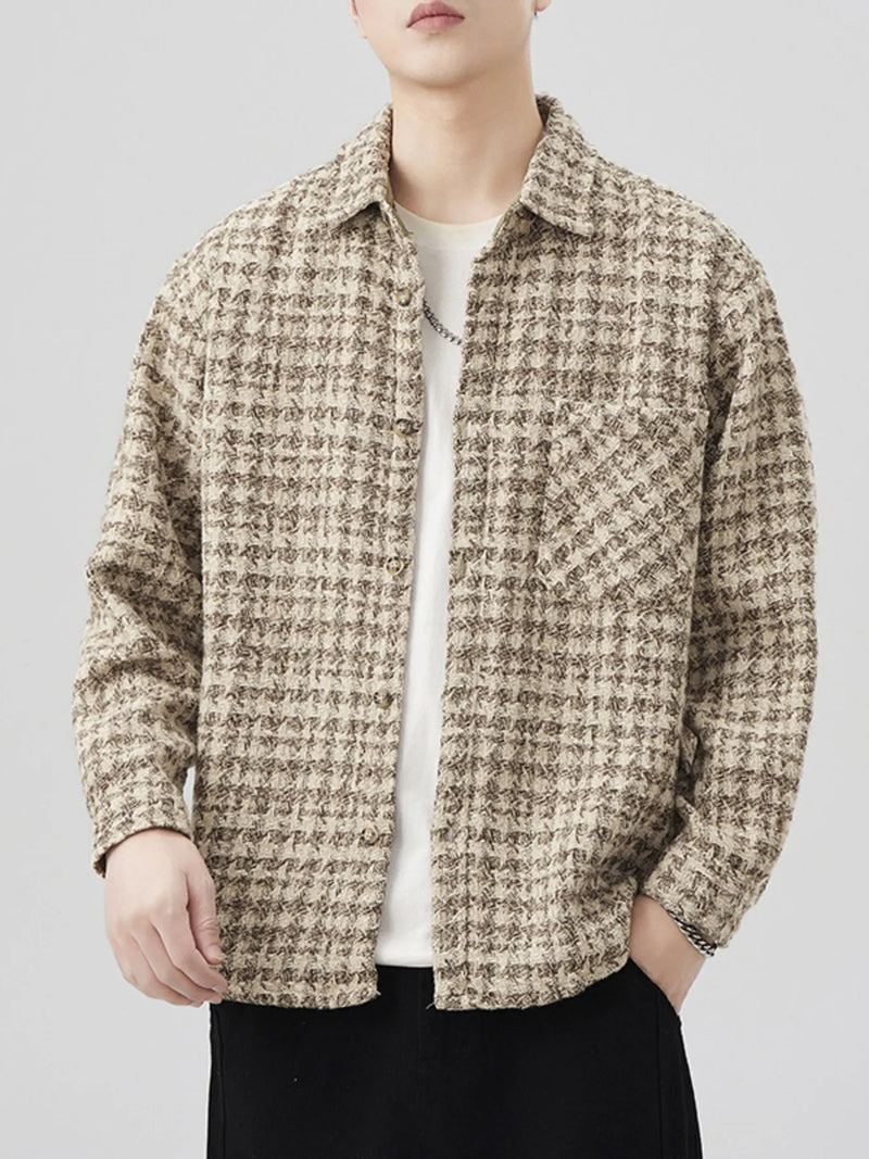 Men's Plus Size Shirt Jacket laid flat on a rustic background