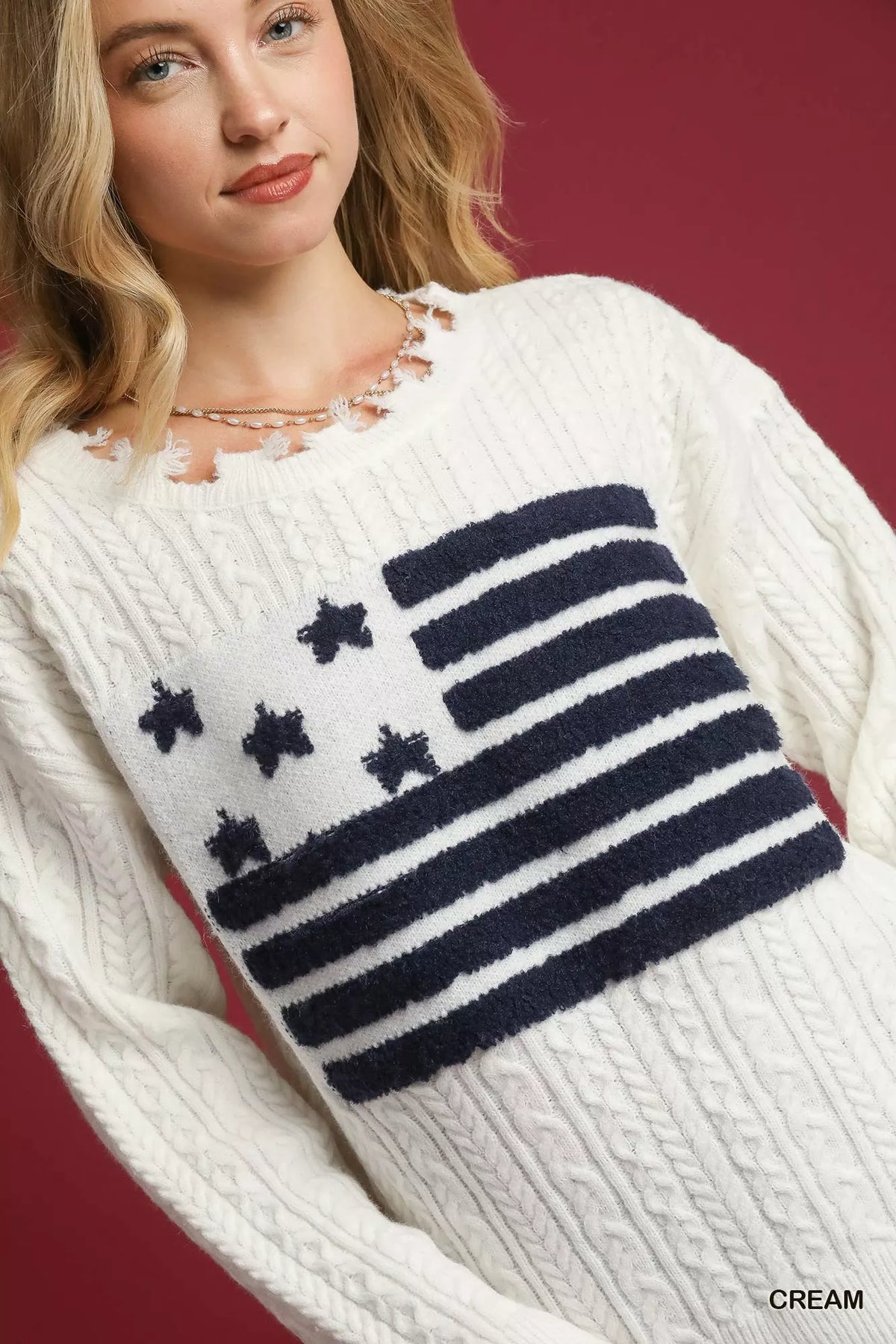 Umgee Distressed American Flag Sweater - Patriotic Top