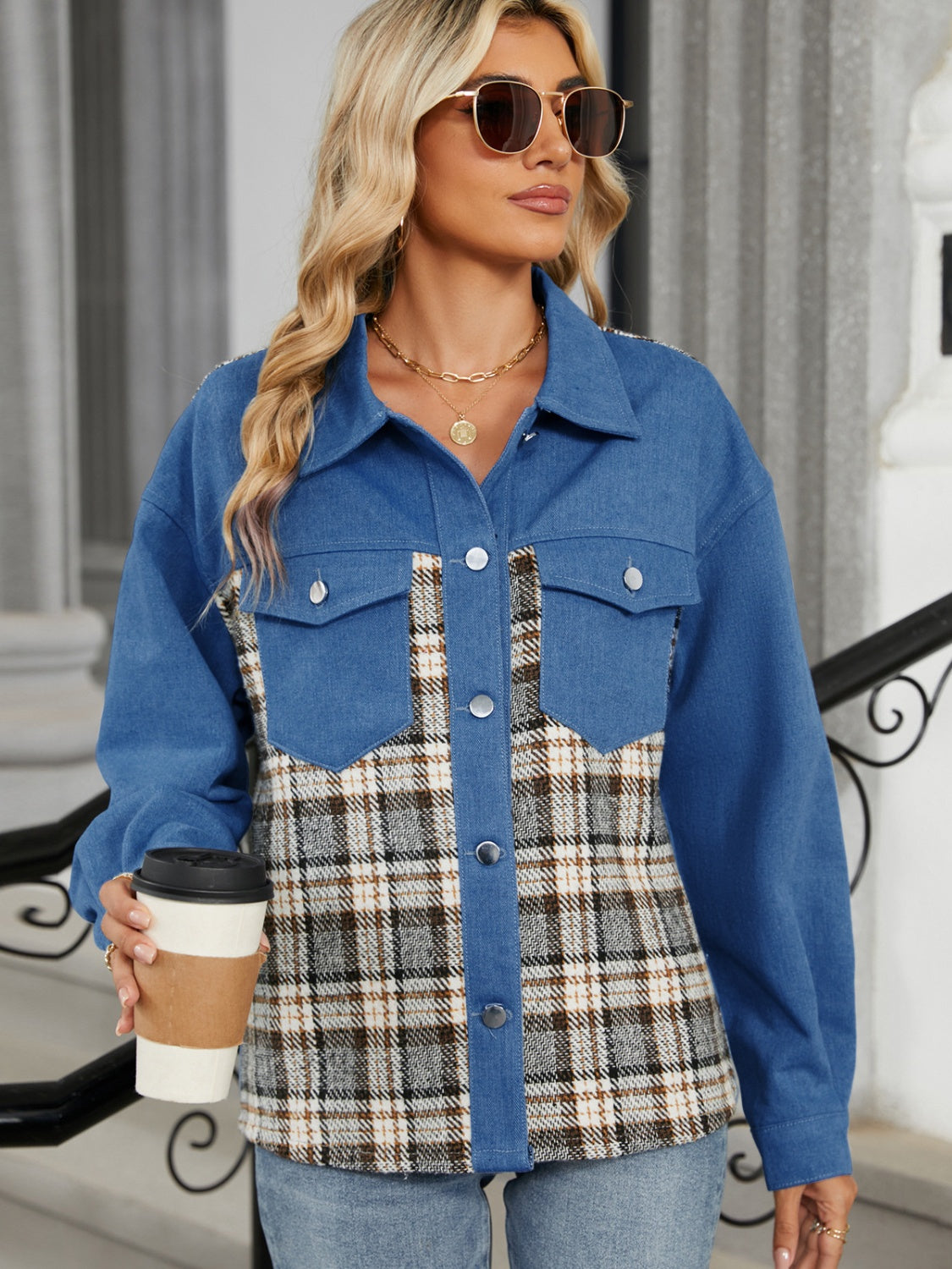 Plaid Button Up Long Sleeve Denim Jacket Trandify Deal