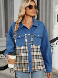 Plaid Button Up Long Sleeve Denim Jacket Trandify Deal