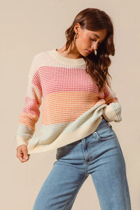 Color Block Waffle Knit Sweater - Women's Long Sleeve Top