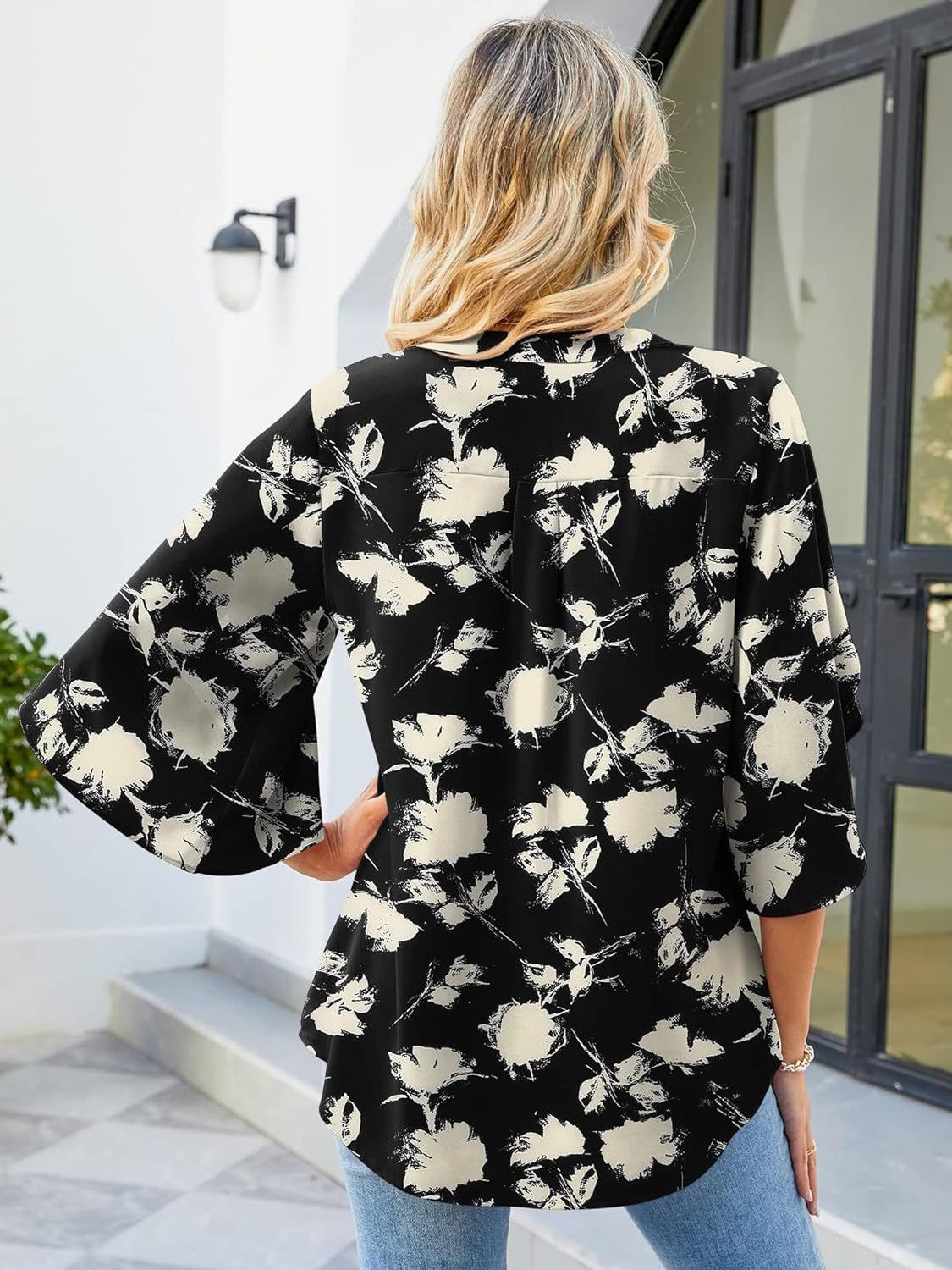 Printed Notched Half Sleeve Blouse Trandify Deal