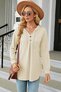 Decorative Button Drawstring Long Sleeve Hoodie Trendsi