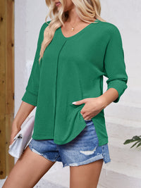 Lovelet Textured Round Neck Three-Quarter Sleeve Blouse Trandify deal
