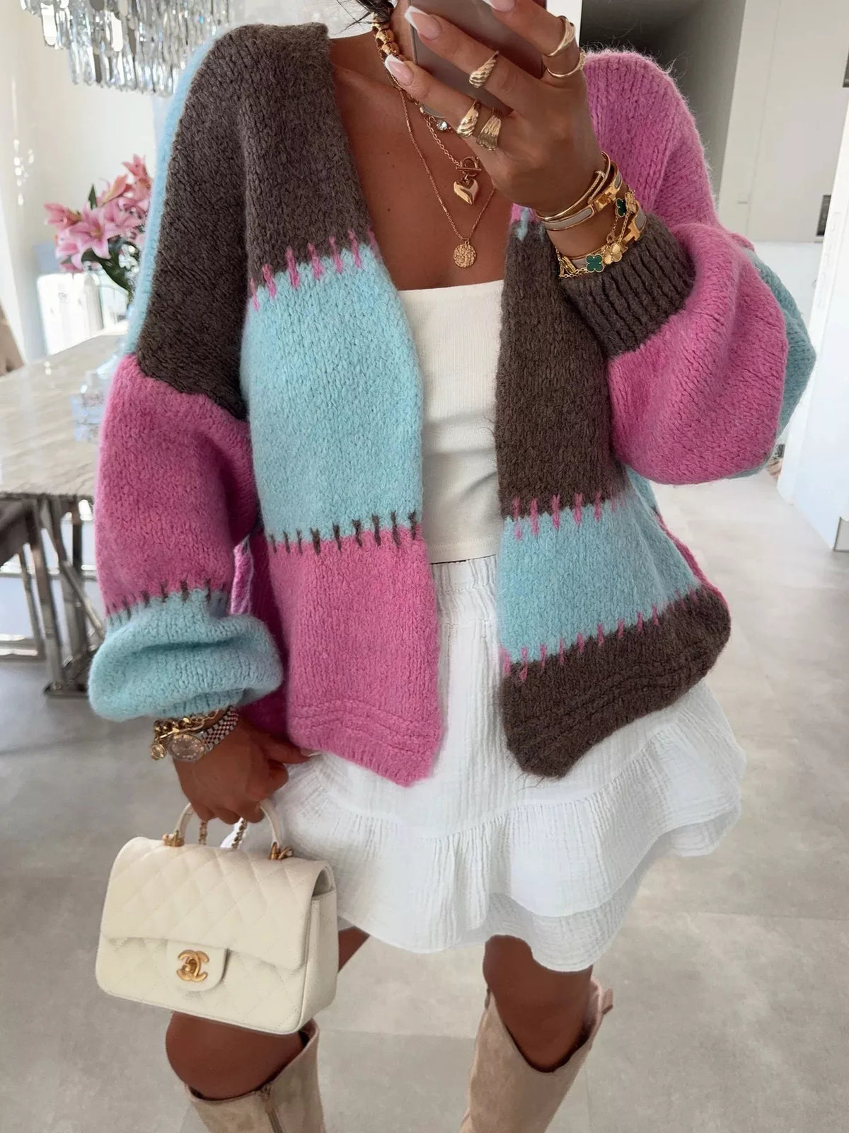 Color Block Open Front Cardigan - Basic Long Sleeve Polyester Top