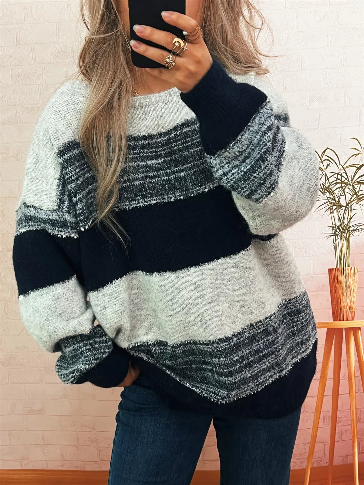 Women's Color Block Sweater | Casual Dropped Shoulder Pullover